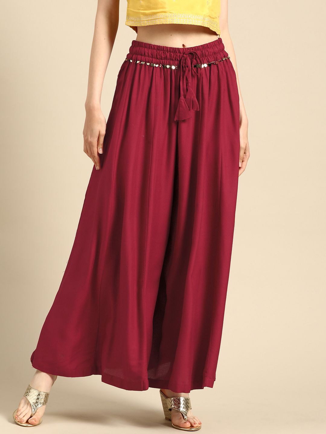 TAG 7 Women Maroon Solid Flared Palazzos - Distacart