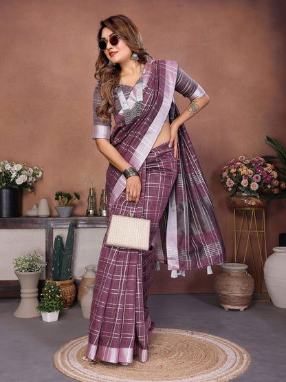 Aastha Fashion Lavender Linen Weaving Saree - Distacart