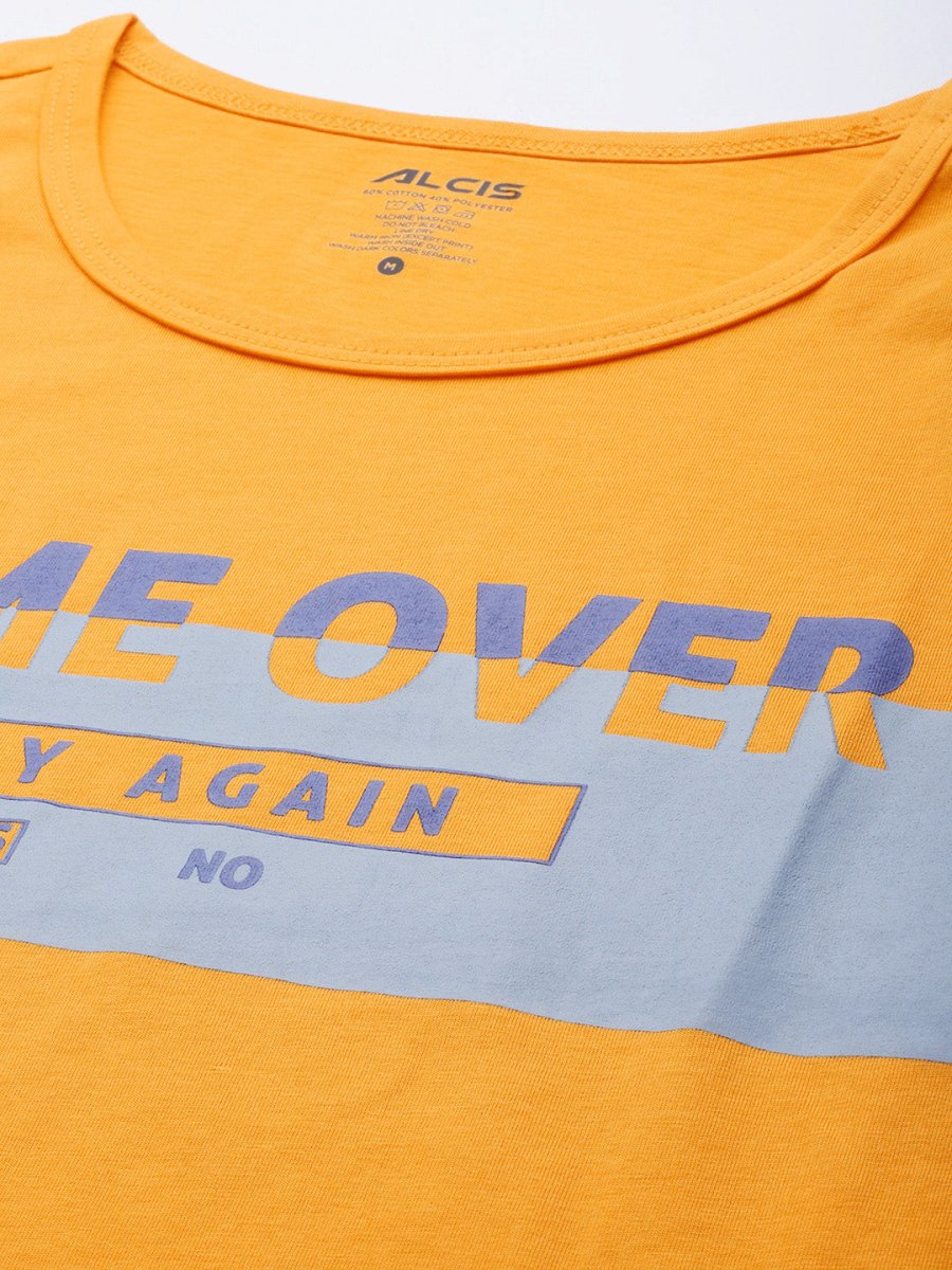 Alcis Men Mustard Yellow Typography Printed Slim Fit Gym T-shirt - Distacart