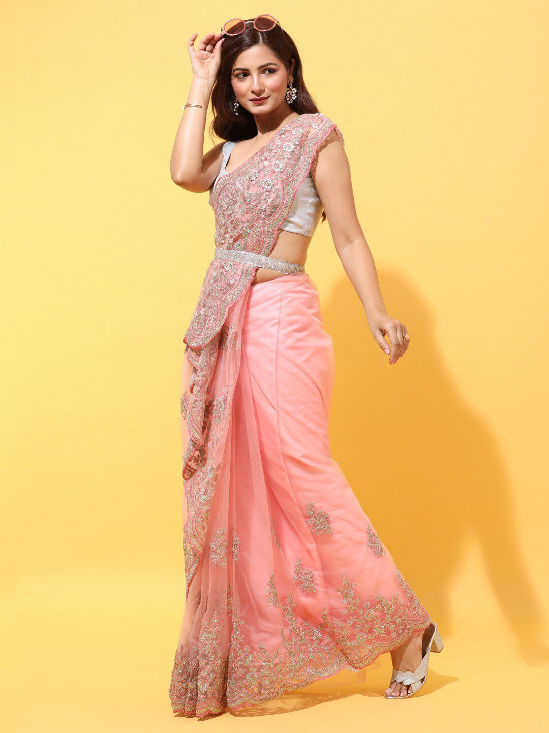 kasee Pink Floral Embroidered Net Saree - Distacart