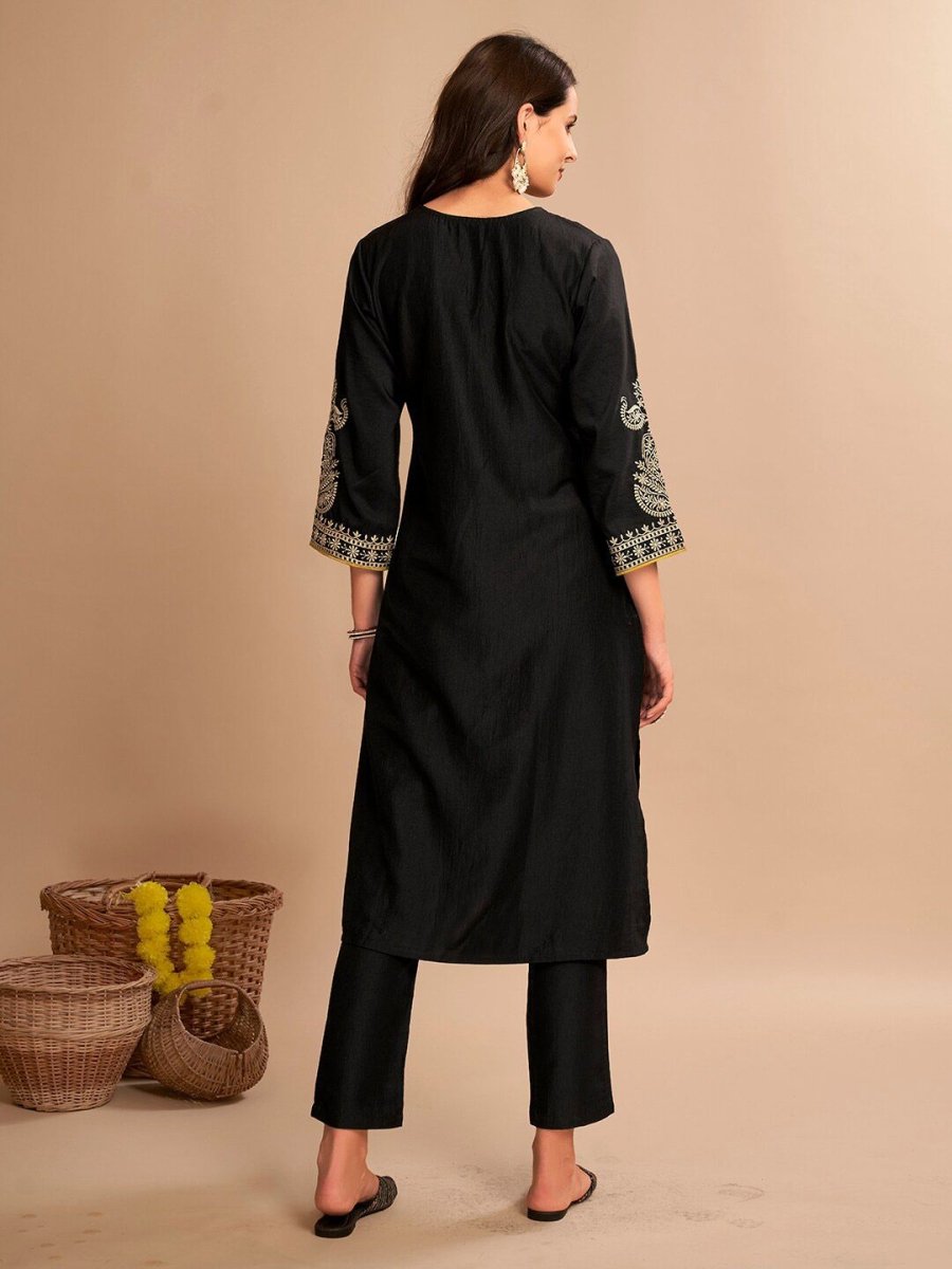 Anouk Black Embroidered Regular Thread Work Straight Kurta with Trousers
