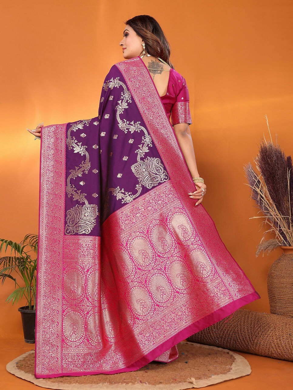 Joban Fashion Banarasi Plum Woven Soft Silk Saree