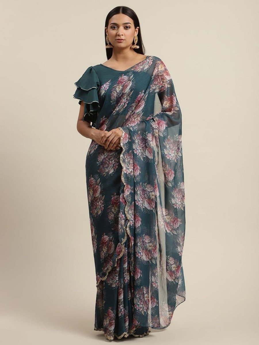 Ahalyaa Women's Green Chiffon Digital Print Floral Saree - Distacart