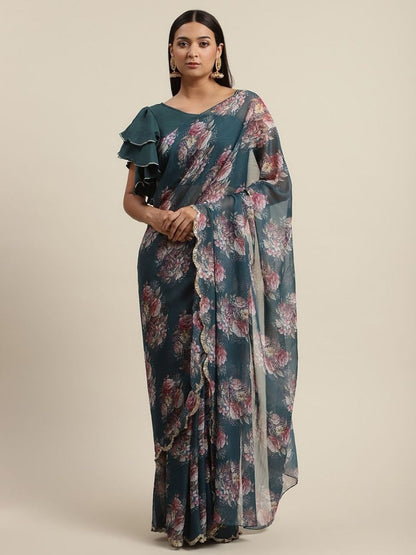 Ahalyaa Women's Green Chiffon Digital Print Floral Saree - Distacart
