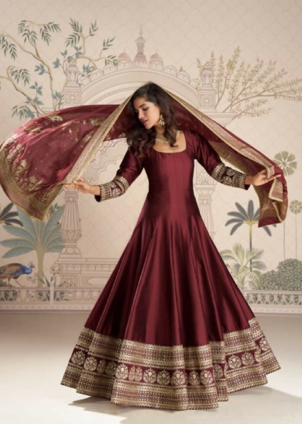 Anaita Maroon Vichitra Silk Anarkali Suit with Embroidery Sequins - Distacart
