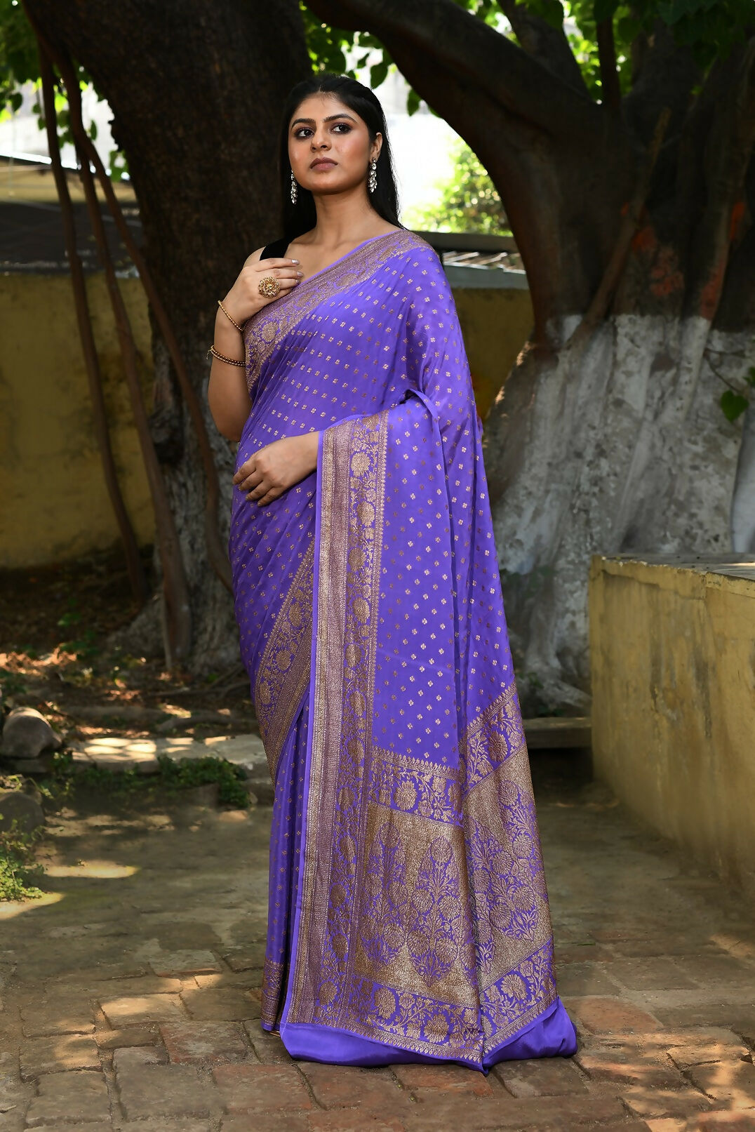 Joban Fashion Lavender Crepe Chiffon Pure Handloom Banarasi Silk Saree