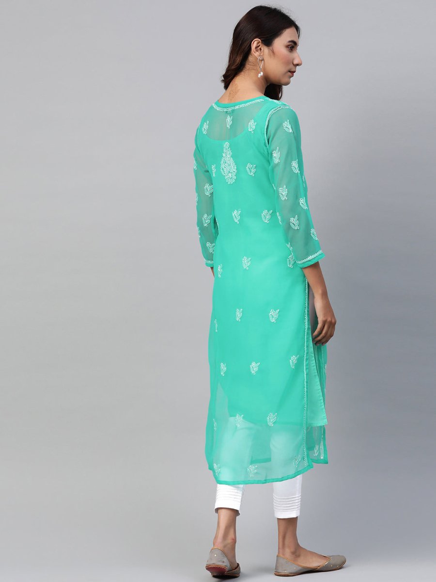 ADA Women Sea Green & White Chikankari Embroidered Kurta with Trousers - Distacart