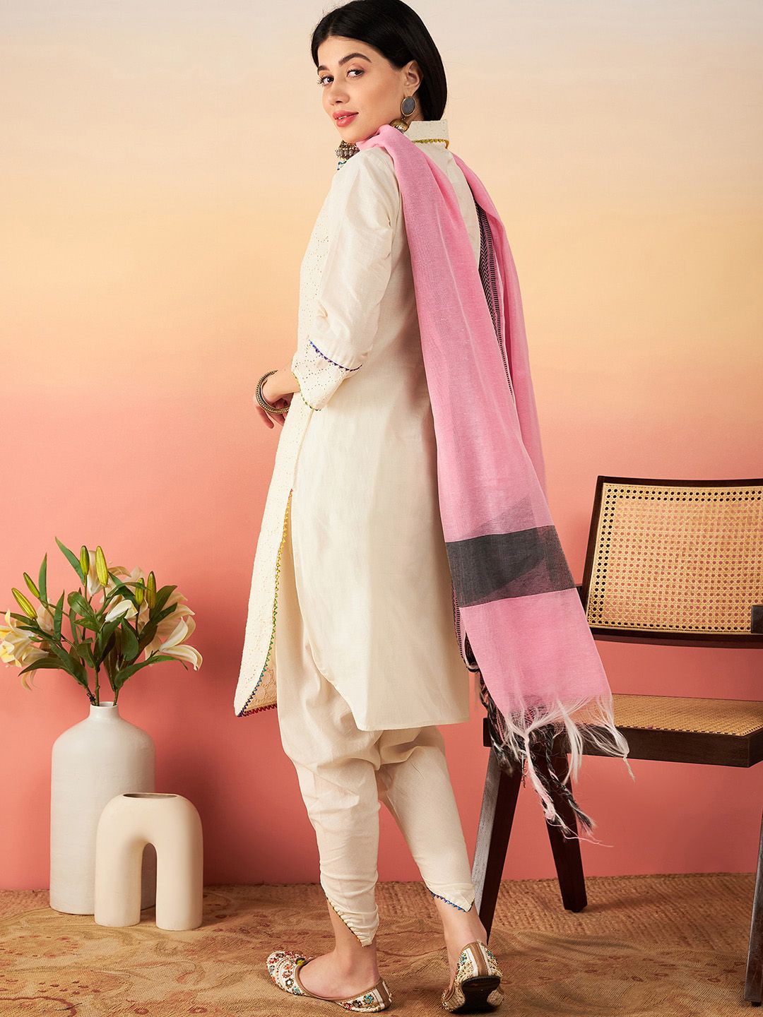 Sangria Off White Ethnic Motifs Self Design Thread Work Pure Cotton Pathani Kurta Sets