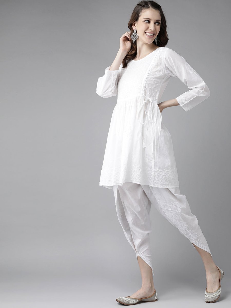 ADA Women White Cotton Sustainable Hand Embroidered Chikankari A-line Handloom Kurta & Dhoti Pants - Distacart