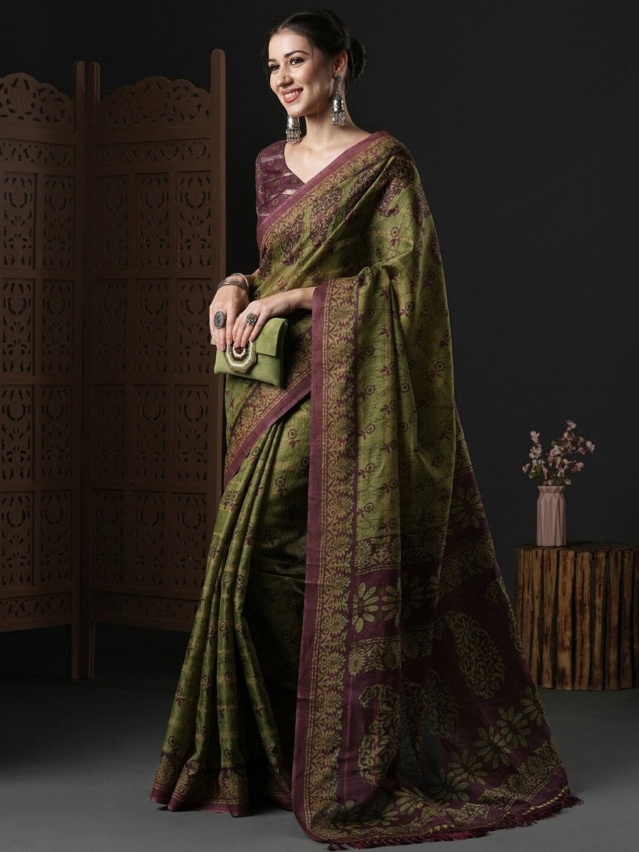 Anouk Green & Brown Ethnic Motifs Printed Kota Saree - Distacart