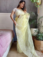 Thumbnail for Anouk Yellow Floral Embroidered Organza Saree - Distacart