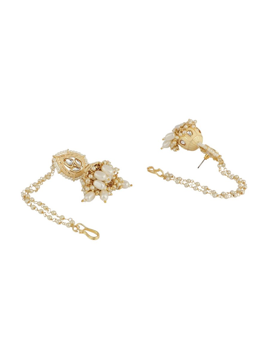 Anikas Creation Cream-Coloured & Gold Toned Kundan & Pearl Jadau Dome Shaped Jhumkas - Distacart