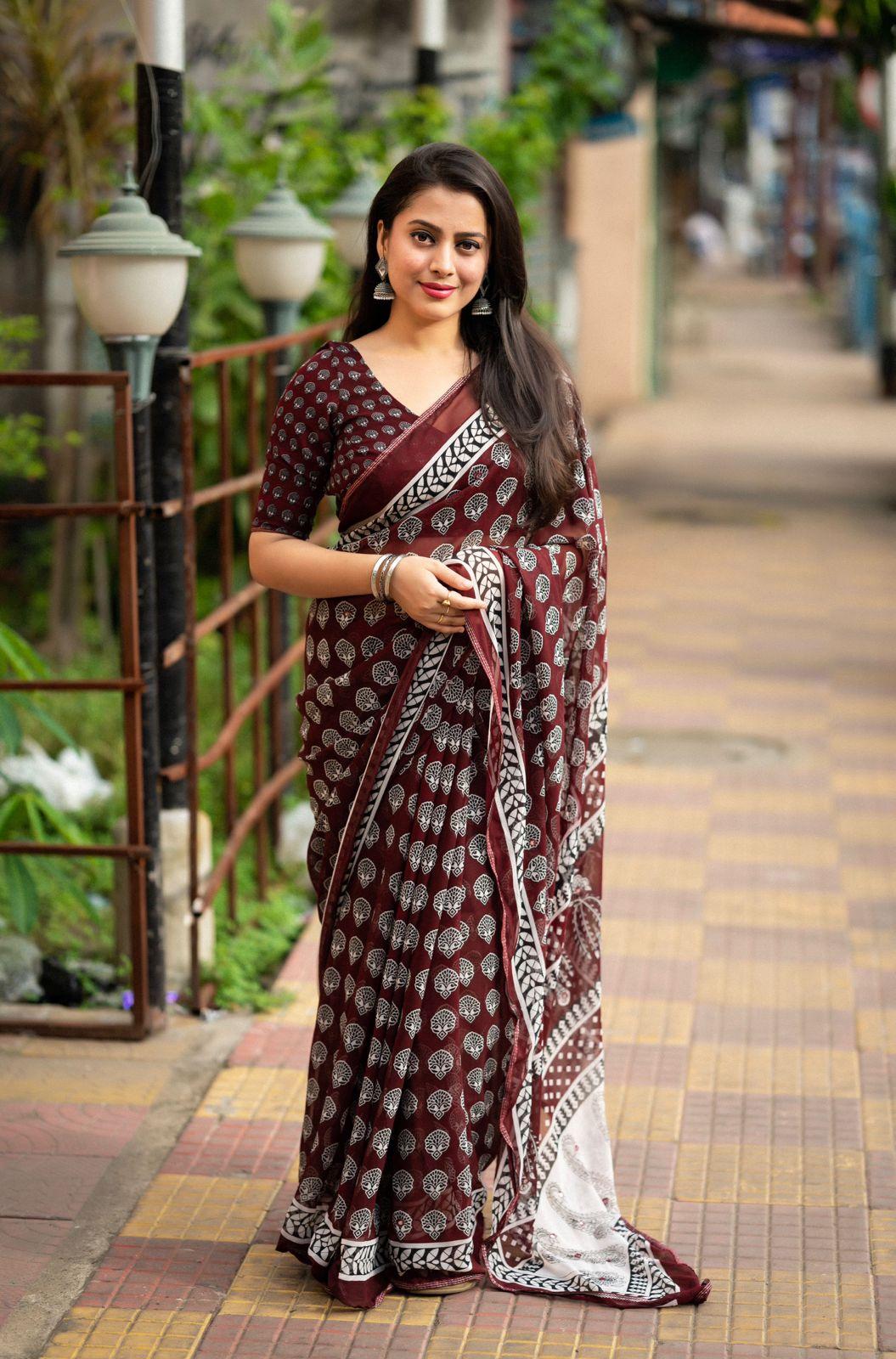 Maroon Poly Georgette Ajrak Saree with Unstitched Blouse - Hiral Fashion - Distacart