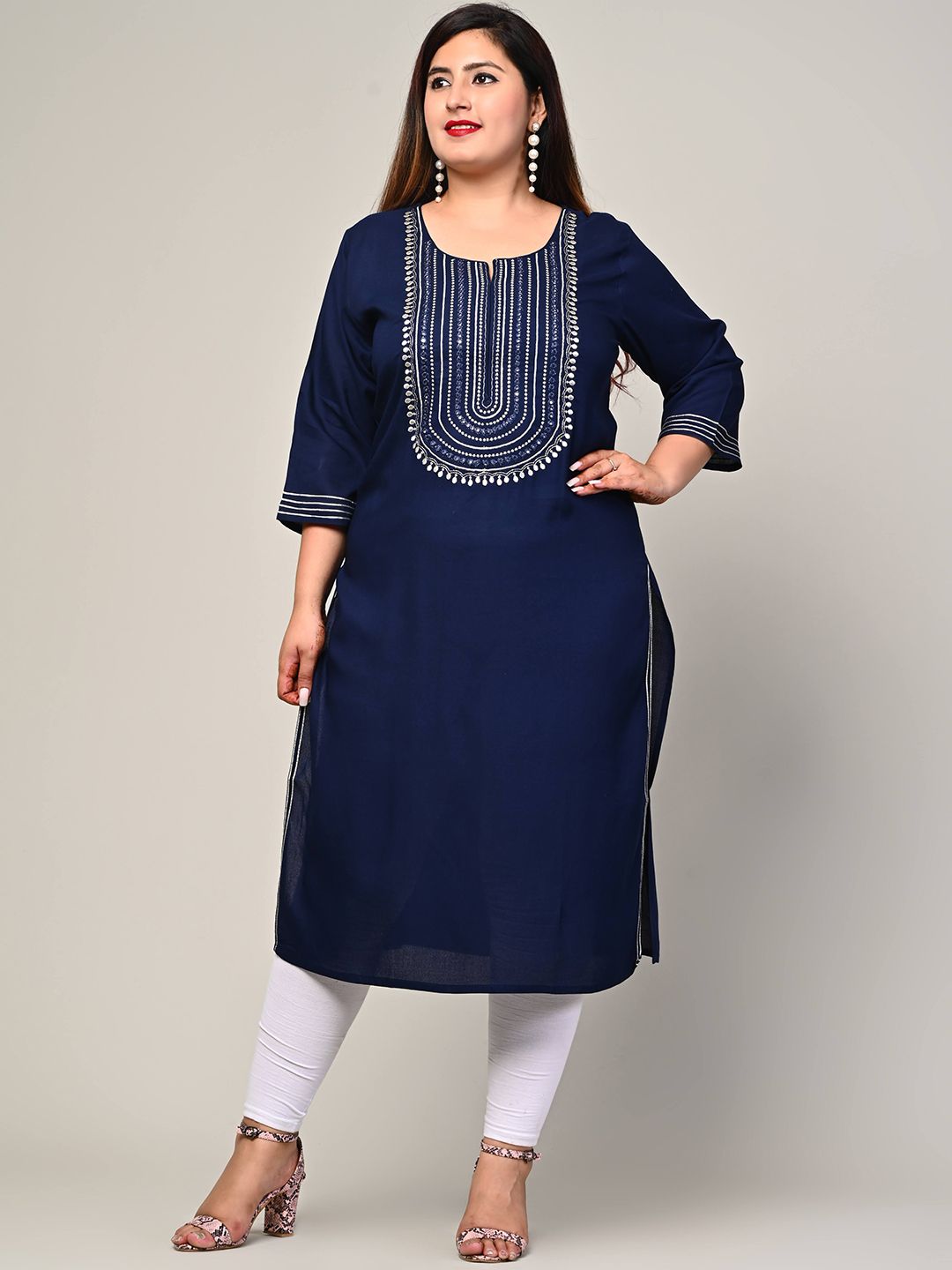 Swasti Women Navy Blue Striped Thread Work Floral Kurta - Distacart
