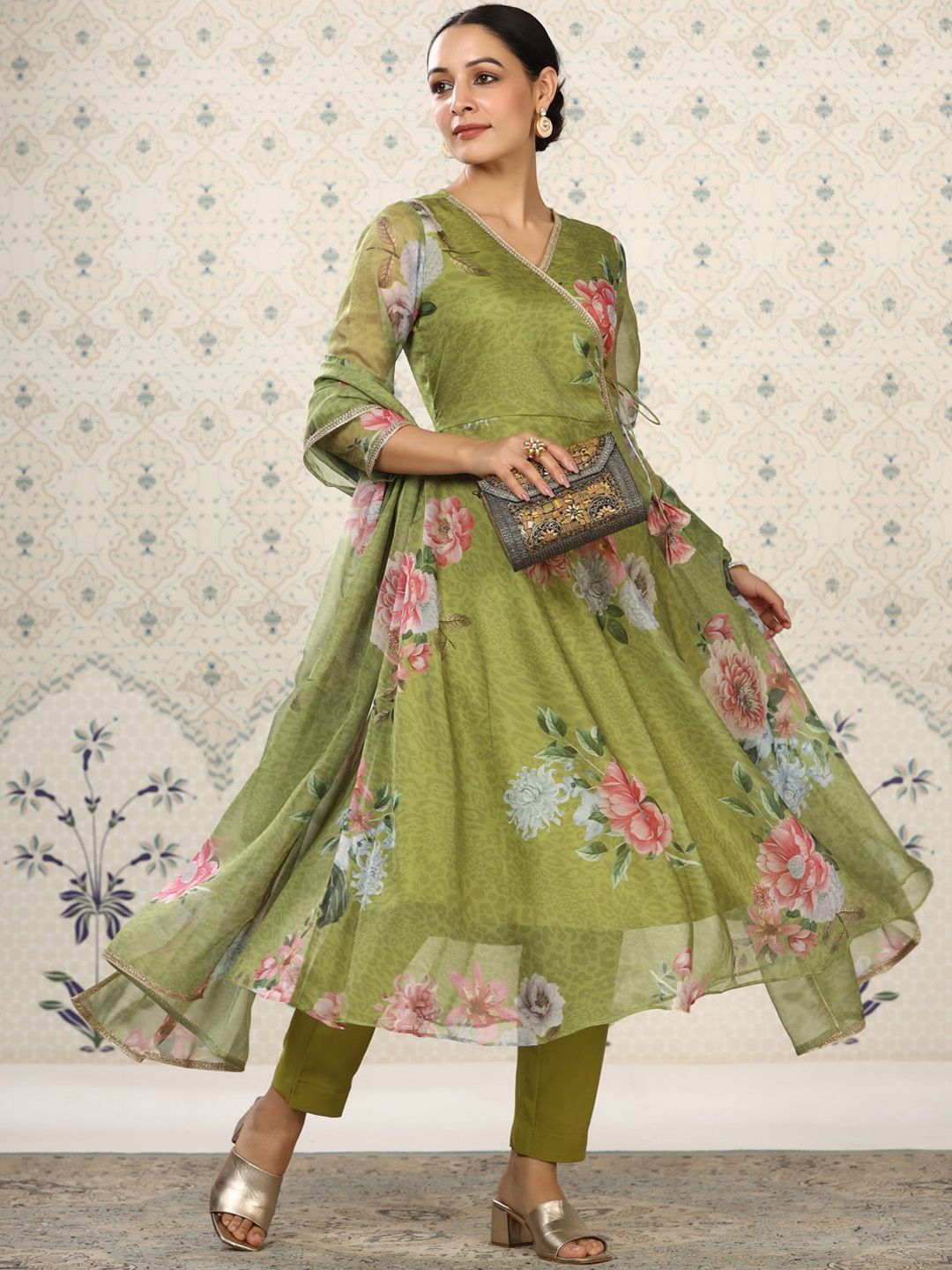 Ode by House of Pataudi Floral Printed Angrakha Kurta With Trousers & Dupatta