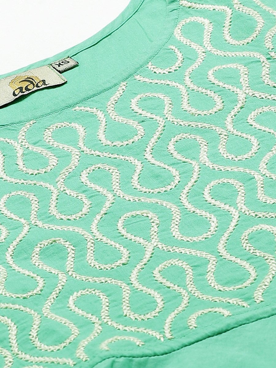 ADA Women Green & Off-White Chikankari Embroidered Sustainable Kurti with Dhoti Pants - Distacart