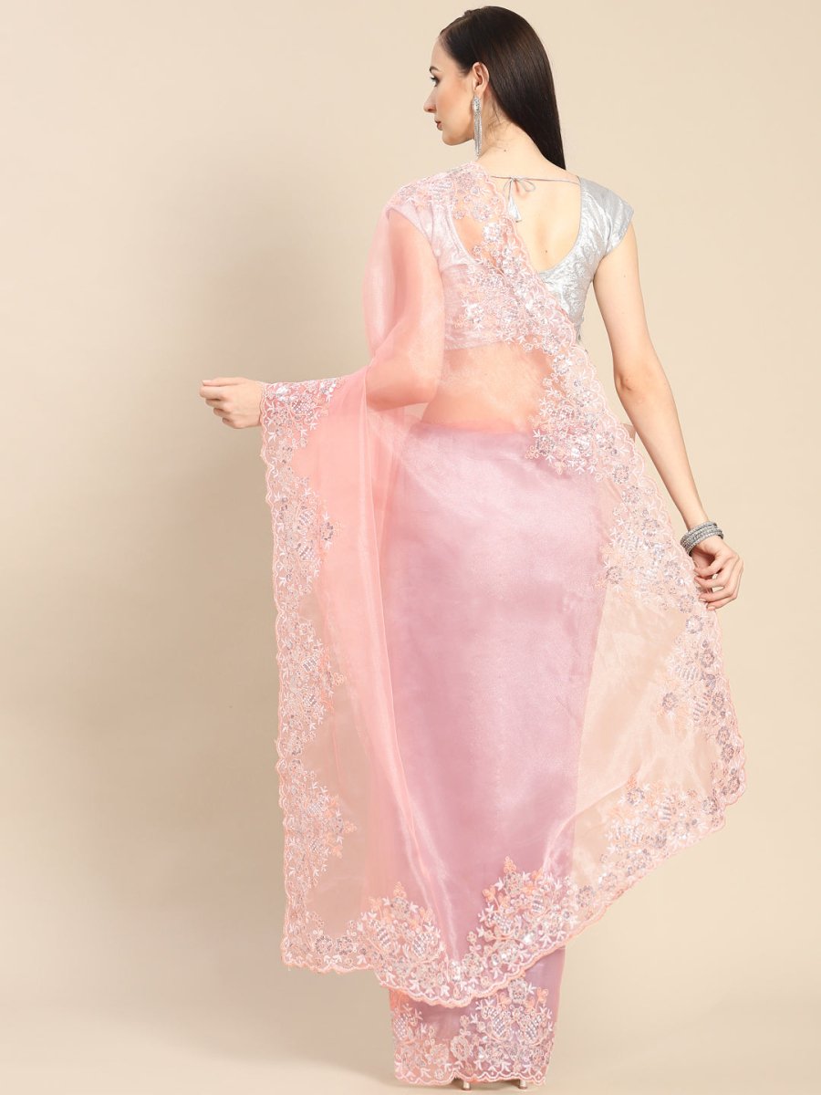 Anouk Pink Sequinned Organza Saree With Embroidered Border - Distacart
