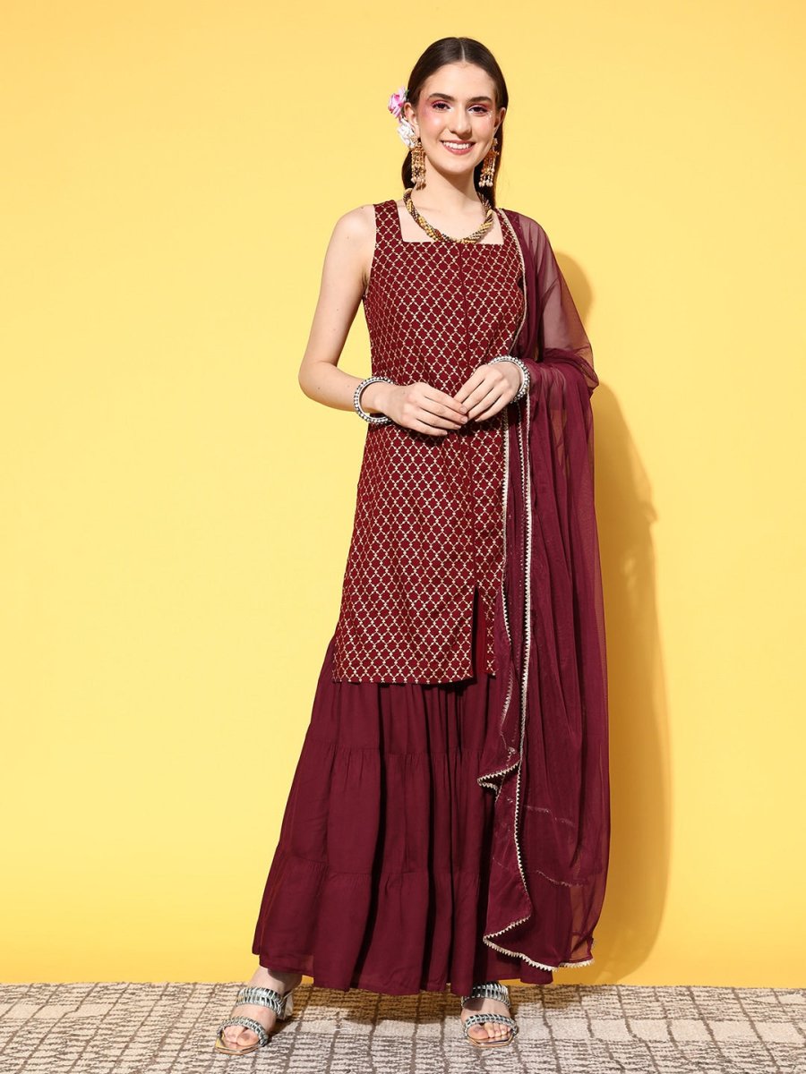 All About You Women Maroon Ethnic Motifs Printed Kurti with Fusion Bottoms & With Dupatta - Distacart