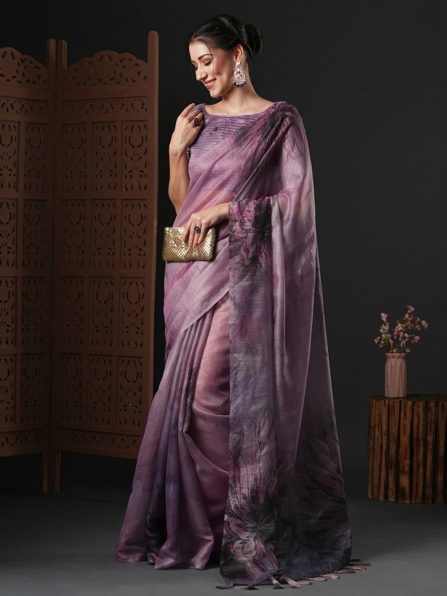 Anouk Mauve & Green Floral Printed Organza Saree - Distacart