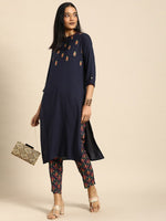 Thumbnail for All About You Women Navy Blue Floral Embroidered Regular Thread Work Kurta with Trousers - Distacart