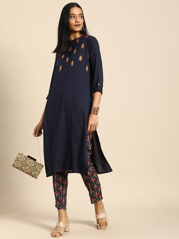 All About You Women Navy Blue Floral Embroidered Regular Thread Work Kurta with Trousers - Distacart