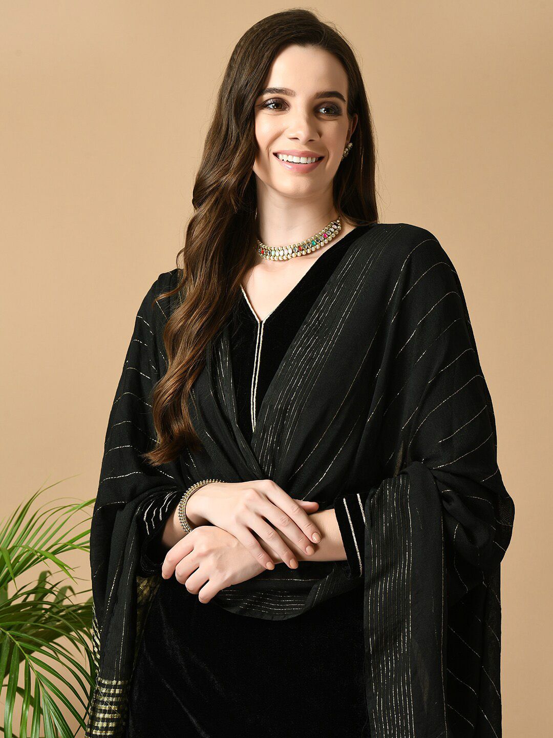 Sangria Black V-Neck Regular Velvet Kurta with Trousers & Dupatta - Distacart