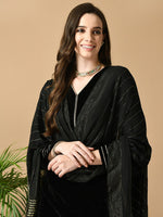Thumbnail for Sangria Black V-Neck Regular Velvet Kurta with Trousers & Dupatta