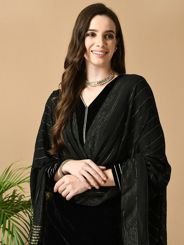 Sangria Black V-Neck Regular Velvet Kurta with Trousers & Dupatta