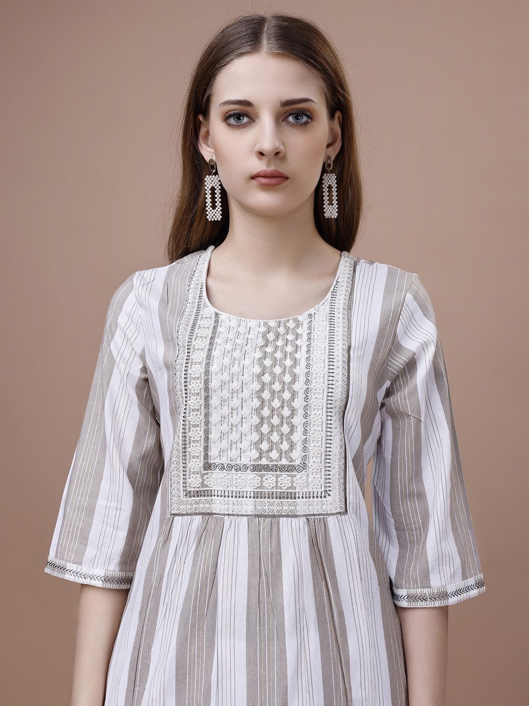 Ode by House of Pataudi White Striped Printed Round Neck Cotton Straight Kurta - Distacart