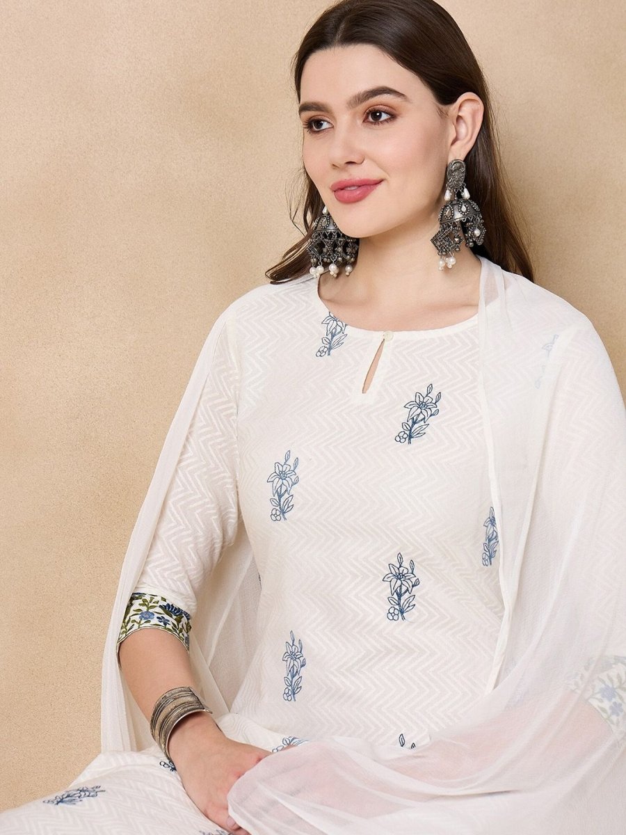 Anouk Floral Embroidered Thread Work Pure Cotton Straight Kurta with Trousers & Dupatta - Distacart