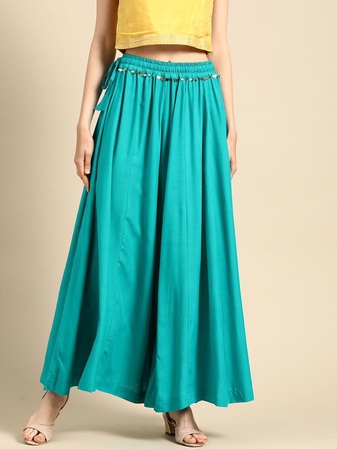 TAG 7 Women Turquoise Blue Solid Flared Palazzos - Distacart