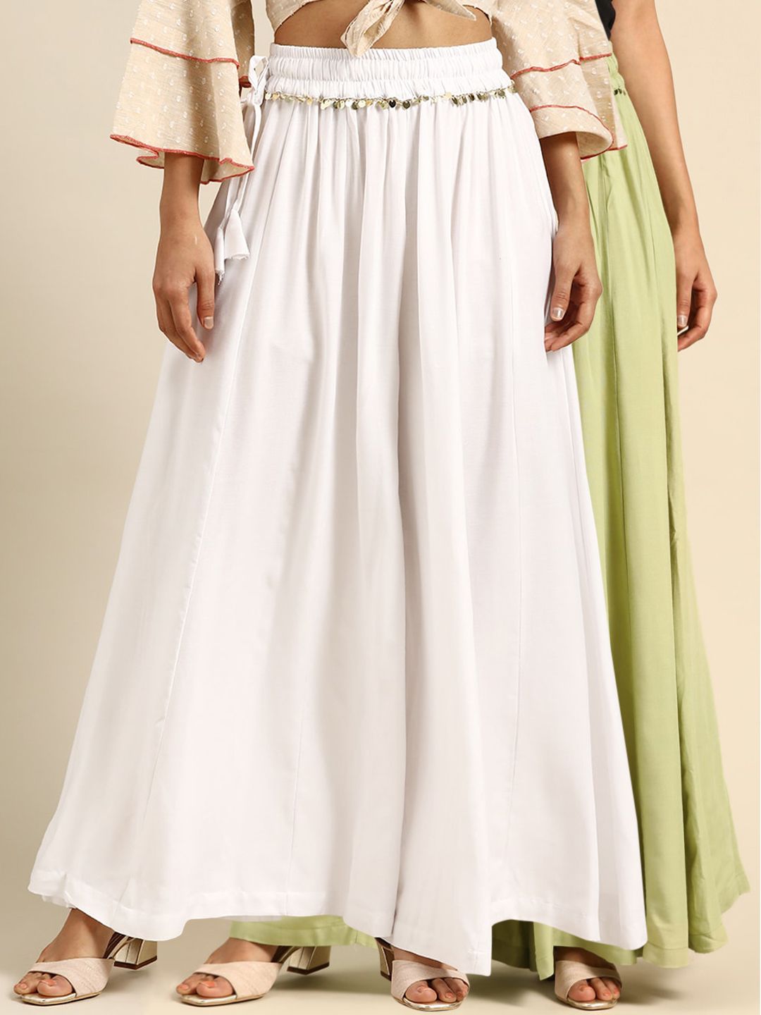 TAG 7 Women White & Green Solid Flared Palazzos - Distacart