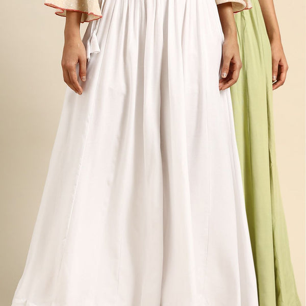 TAG 7 Women White & Green Solid Flared Palazzos - Distacart