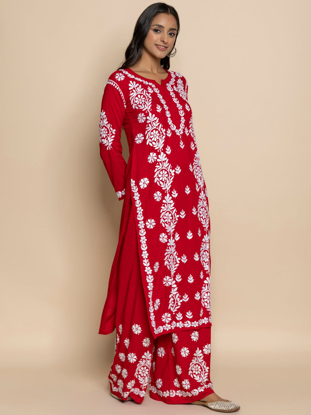 HOUSE OF KARI Floral Embroidered Chikankari Cotton A-Line Kurta - Distacart