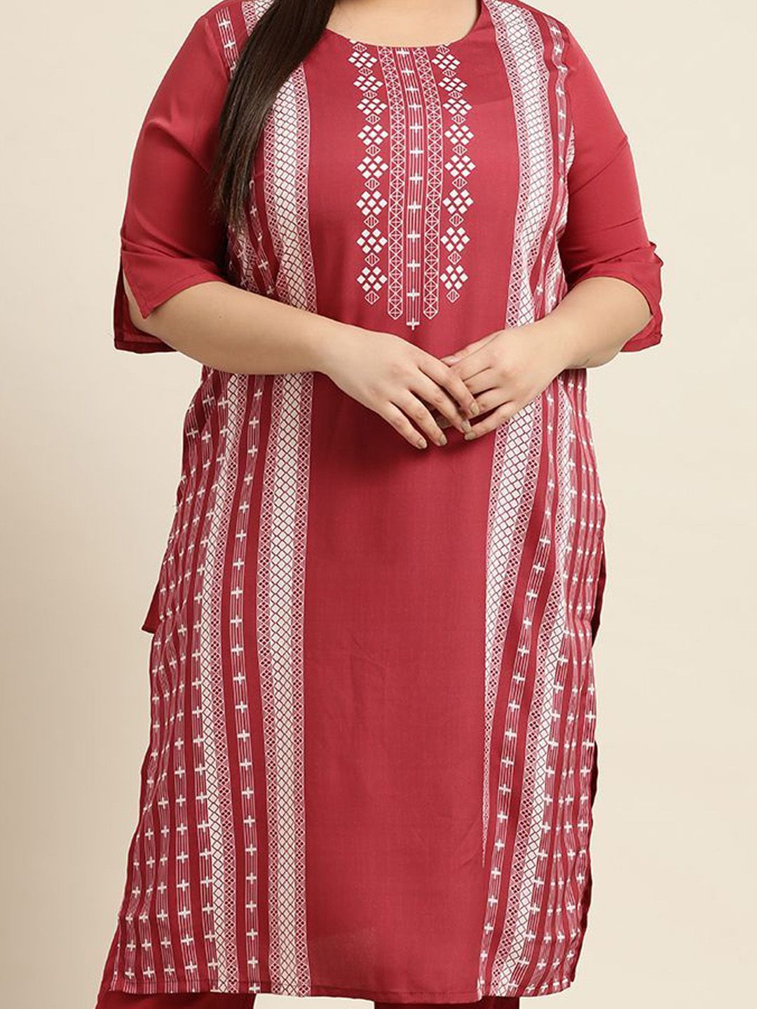 Sztori Plus Size Geometric Printed Round Neck Straight Kurta - Distacart