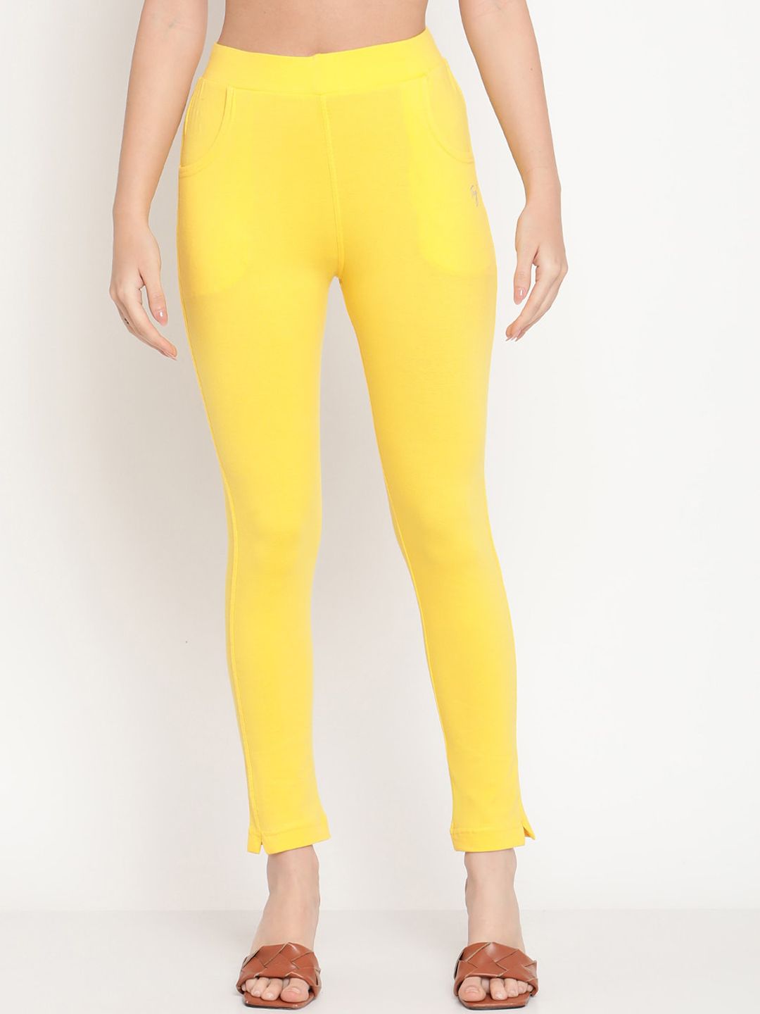 TAG 7 Set Of 2 Orange & Yellow Solid Leggings - Distacart