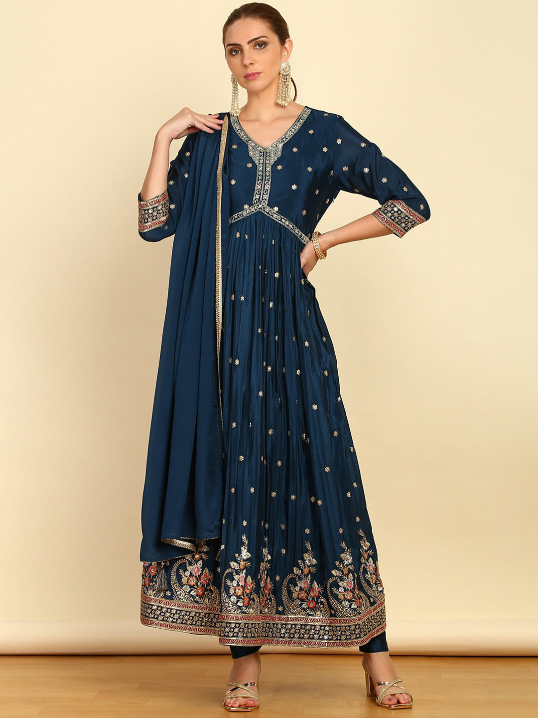 Soch Floral Embroidered Empire Mirror Work Kurta & Churidar With Dupatta - Distacart
