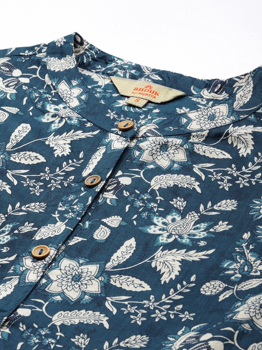 Anouk Women Blue Printed Pure Cotton Kurta with Trousers - Distacart