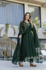 Thumbnail for The52 Women's Beautiful Embroidery Work Vichitra Silk Fabric Flared Anarkali Pant and Dupatta Set - Distacart