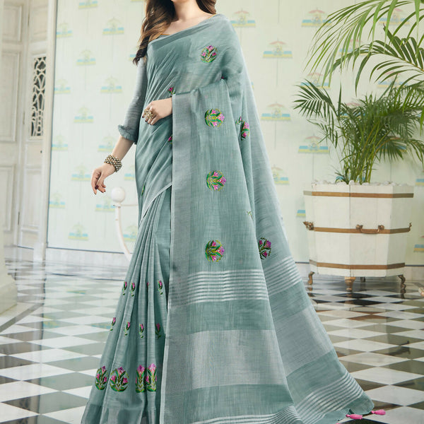 Shree Shyam Fashion Linen Sea Green Saree - Distacart