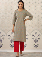 Thumbnail for Ode by House of Pataudi Grey & Red Floral Printed Notched Neck Kurta With Palazzos - Distacart