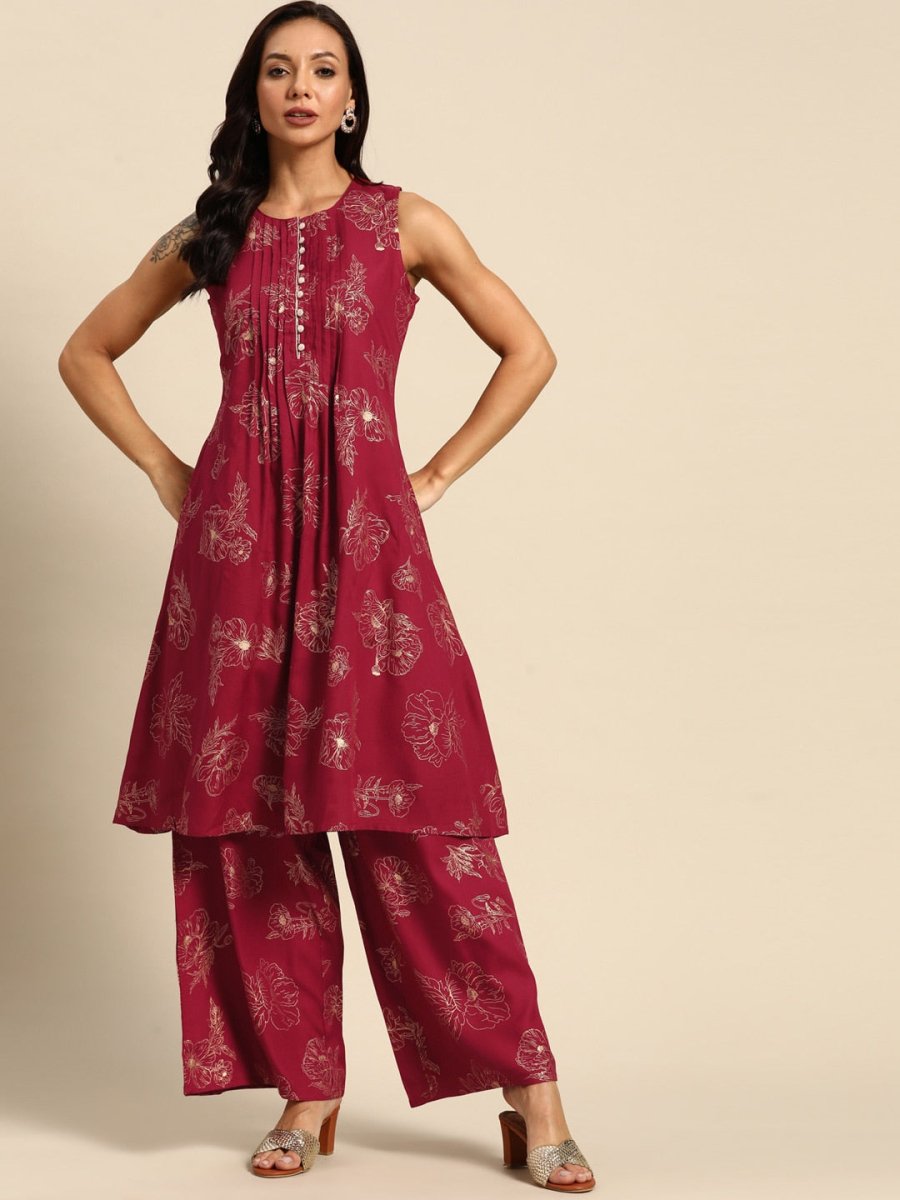 All About You Floral Print Pleated Kurta with Palazzos - Distacart