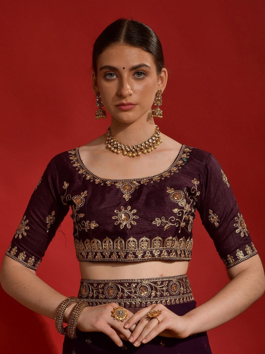 Anouk Purple & Gold-Toned Floral Embroidered Pure Georgette Saree - Distacart