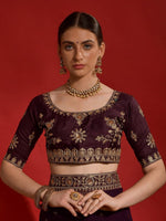 Thumbnail for Anouk Purple & Gold-Toned Floral Embroidered Pure Georgette Saree - Distacart