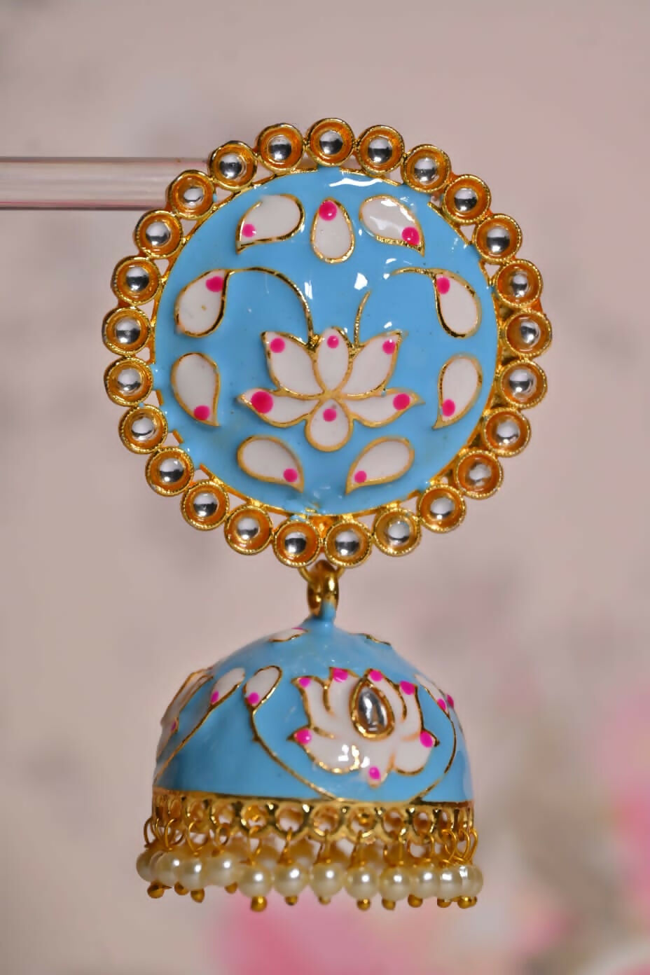 Sky Blue Round Shape Ethnic Meenakari Jhumki Earrings By House of Ree - Distacart