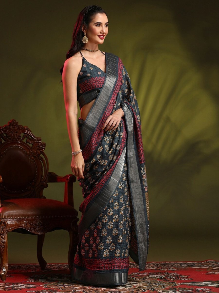 Anouk Grey Floral Printed Zari Sungudi Saree - Distacart