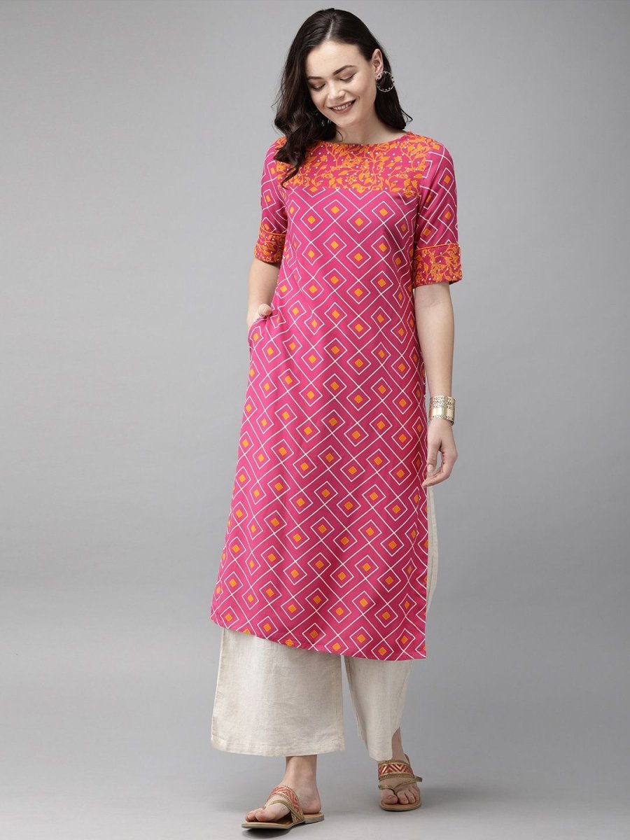 Anouk Women Pink & Mustard Yellow Printed Straight Kurta - Distacart