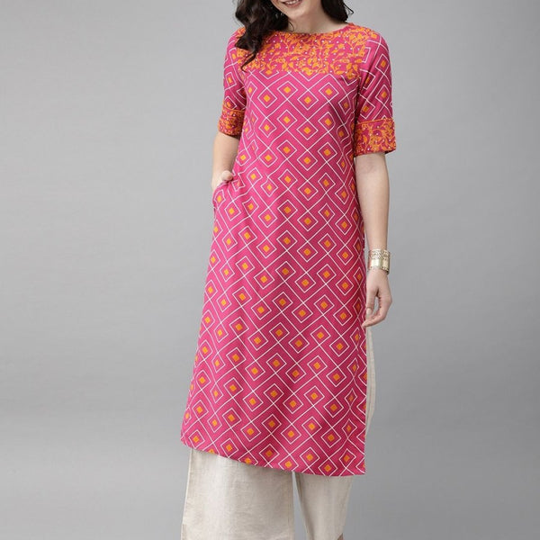 Anouk Women Pink & Mustard Yellow Printed Straight Kurta - Distacart