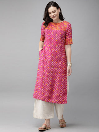 Anouk Women Pink & Mustard Yellow Printed Straight Kurta - Distacart