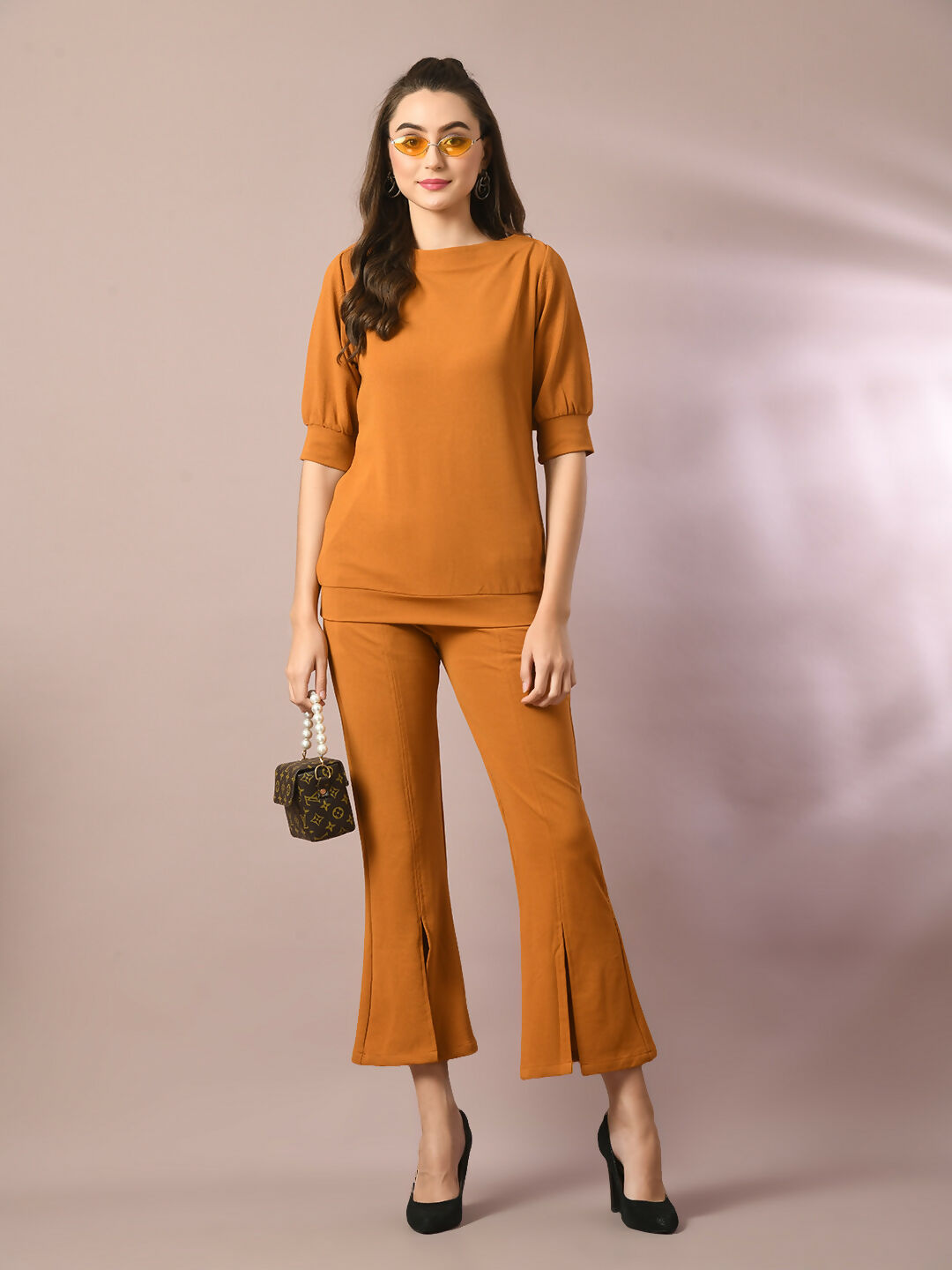 Myshka Women's Mustard Solid Boat Neck Party Top With Trousers Co-ord set - Distacart